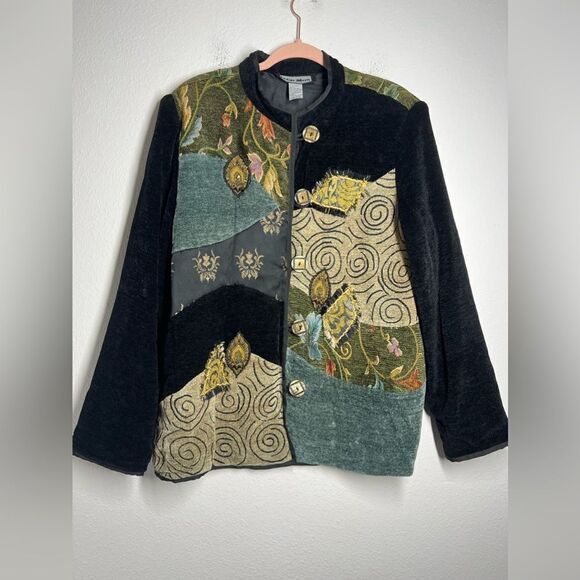 Indigo Moon Multicolor Velvet Embroidered Beaded Tapestry Jacket Boho SzL Flawed - Picture 7 of 16